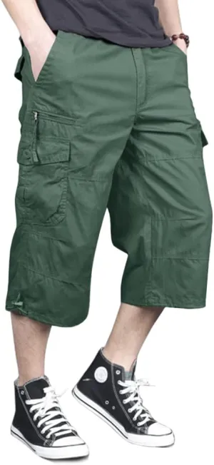 MAGNIVIT Men's Capri Long Elastic Cargo Shorts Below Knee Shorts 3/4 Cotton Cargo Casual Shorts with Multi-Pockets