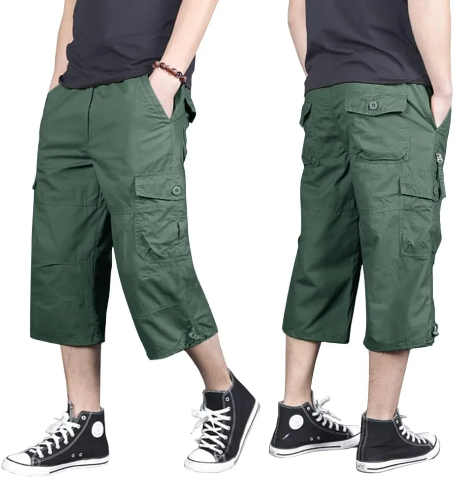 MAGNIVIT Men's Capri Long Elastic Cargo Shorts Below Knee Shorts 3/4 Cotton Cargo Casual Shorts with Multi-Pockets