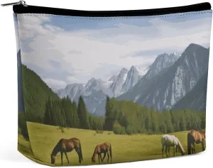Makeup Bag Makeup Mountain Pasture Grazing Horses Printed Organizer Foldable Cosmetic Bag Portable Travel Makeup Bag for Travel Business Trips