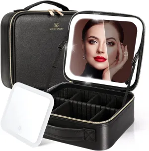 Makeup Bag with Light up Detachable Mirror 3 Color Scenarios Adjustable Brightness Large Cosmetic Organizer Storage Adjustable Dividers Waterproof Makeup Brushes Toiletry Gift Black