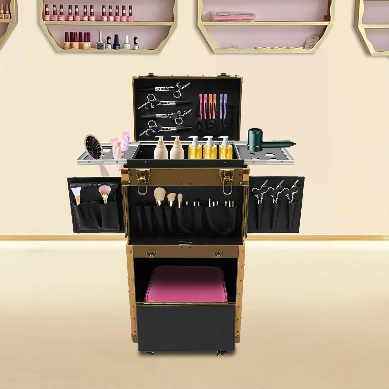 Makeup Rolling Case Professional Makeup Case 2 Mobile Password Locks and 2 Keys, Professional Makeup Train Case for Make Up Nail Hairstylists (Gold)