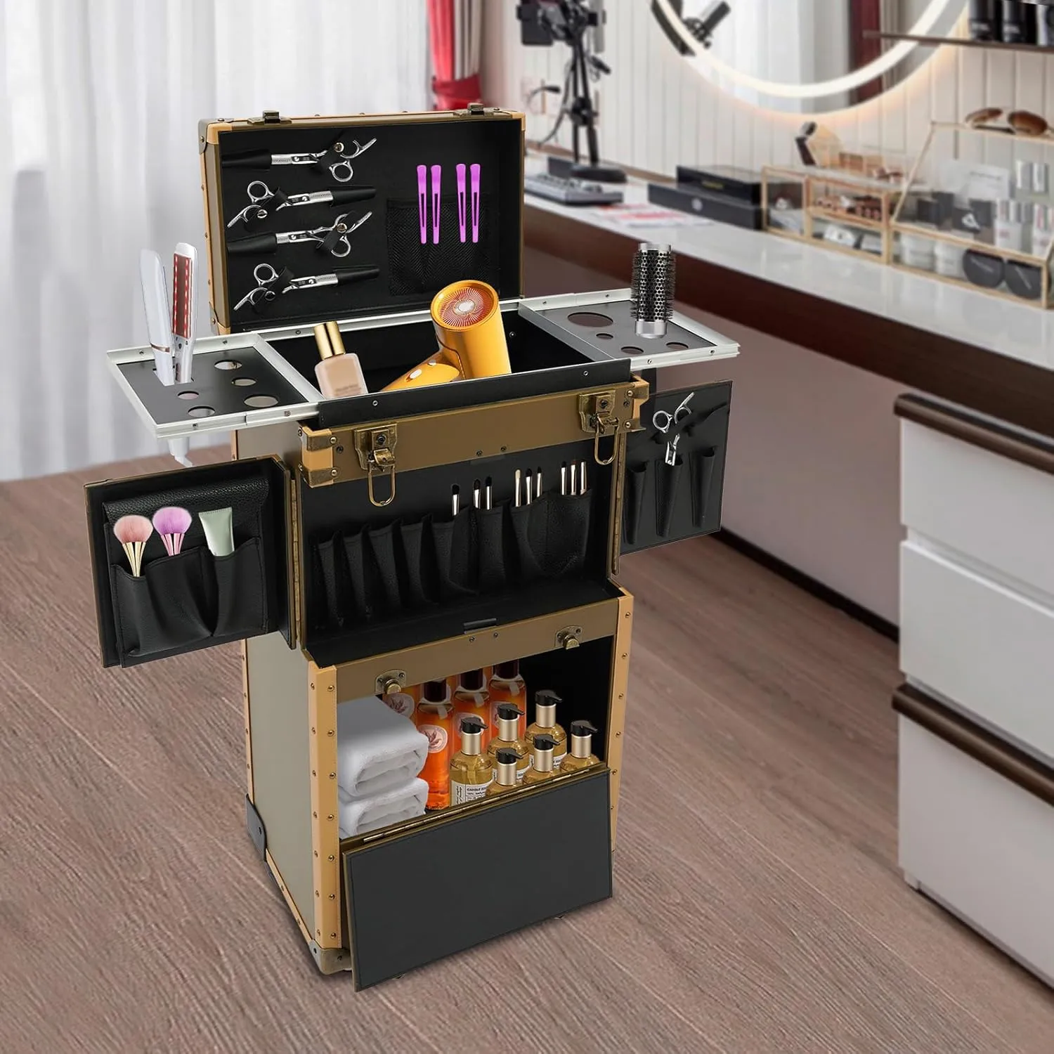 Makeup Rolling Case Professional Makeup Case 2 Mobile Password Locks and 2 Keys, Professional Makeup Train Case for Make Up Nail Hairstylists (Gold)