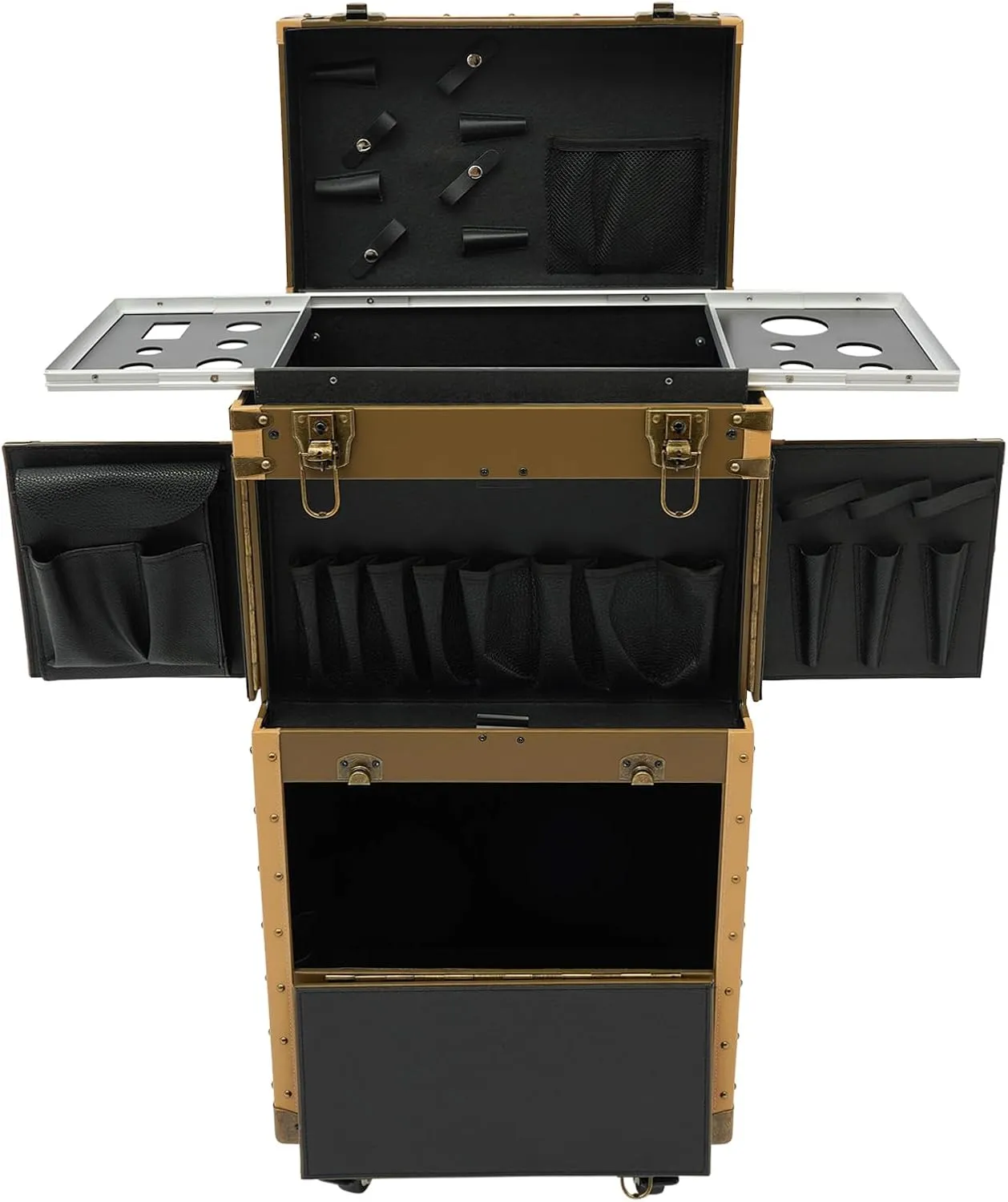 Makeup Rolling Case Professional Makeup Case 2 Mobile Password Locks and 2 Keys, Professional Makeup Train Case for Make Up Nail Hairstylists (Gold)