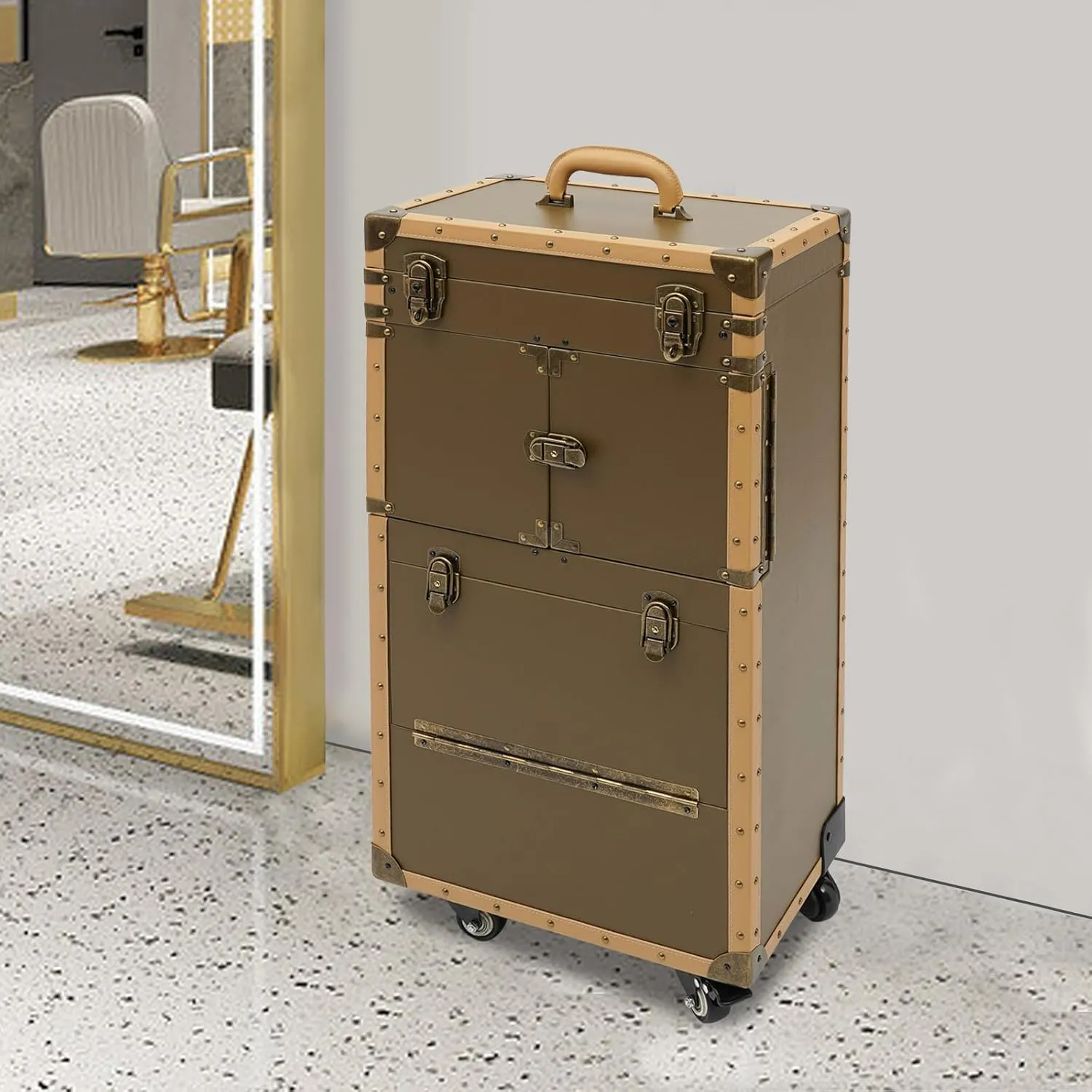 Makeup Rolling Case Professional Makeup Case 2 Mobile Password Locks and 2 Keys, Professional Makeup Train Case for Make Up Nail Hairstylists (Gold)