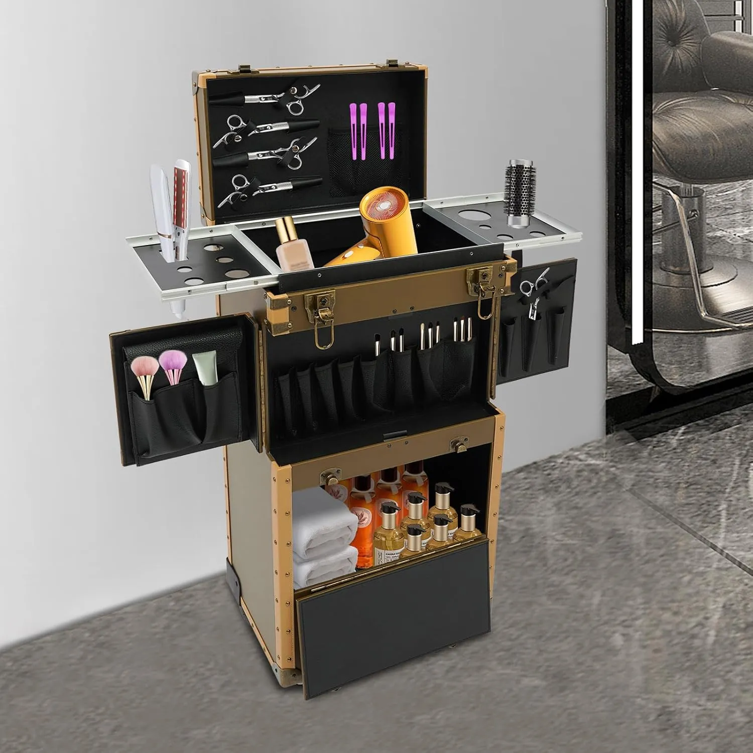 Makeup Rolling Case Professional Makeup Case 2 Mobile Password Locks and 2 Keys, Professional Makeup Train Case for Make Up Nail Hairstylists (Gold)