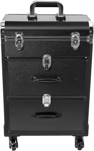 Makeup Train Case,Rolling Beauty Salon Luggage Hairdressing Trolley Travel Organizer Tool Box Cosmetic Luggage for Professional Hairdressers, Nail Technicians, Beauticians (Black Small)