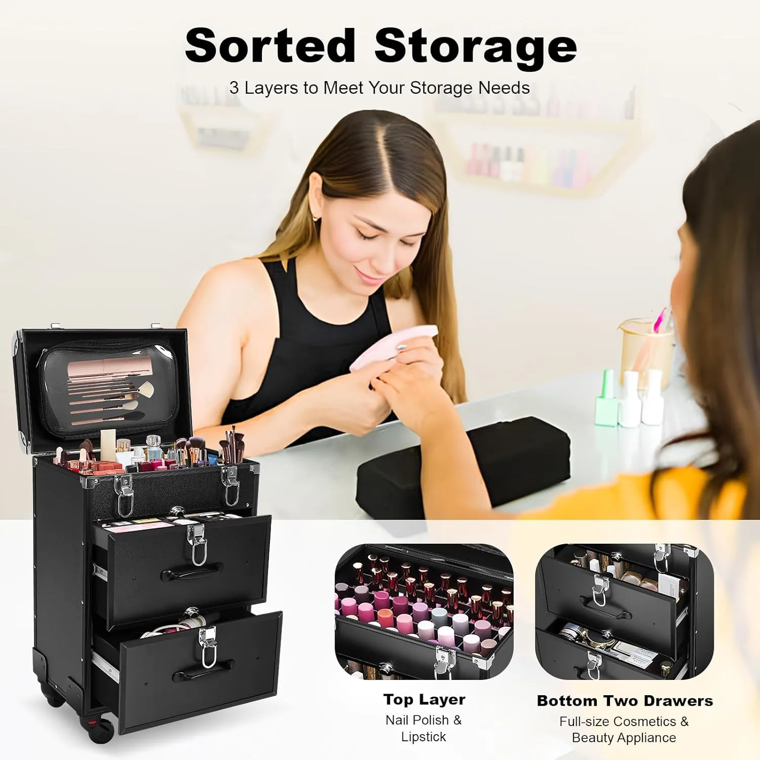 Makeup Train Case,Rolling Beauty Salon Luggage Hairdressing Trolley Travel Organizer Tool Box Cosmetic Luggage for Professional Hairdressers, Nail Technicians, Beauticians (Black Small)