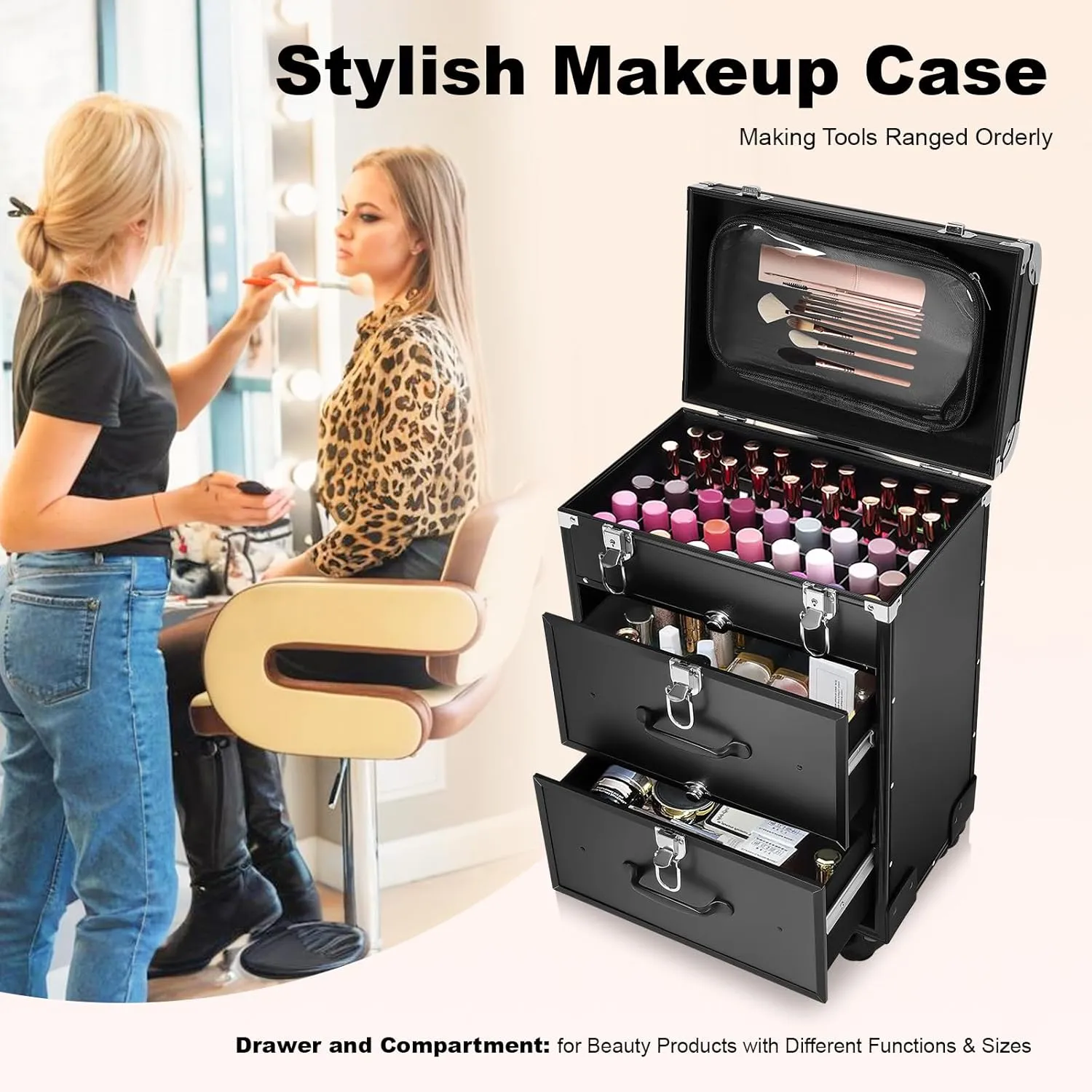 Makeup Train Case,Rolling Beauty Salon Luggage Hairdressing Trolley Travel Organizer Tool Box Cosmetic Luggage for Professional Hairdressers, Nail Technicians, Beauticians (Black Small)