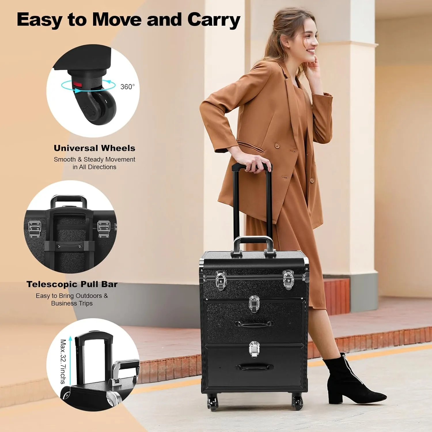 Makeup Train Case,Rolling Beauty Salon Luggage Hairdressing Trolley Travel Organizer Tool Box Cosmetic Luggage for Professional Hairdressers, Nail Technicians, Beauticians (Black Small)