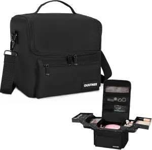Makeup Travel Train Case, Black Makeup Carrying Organizer Bag, 4 Tier Professional Organizer Case with Straps Pockets for MakeUp Nail Tools