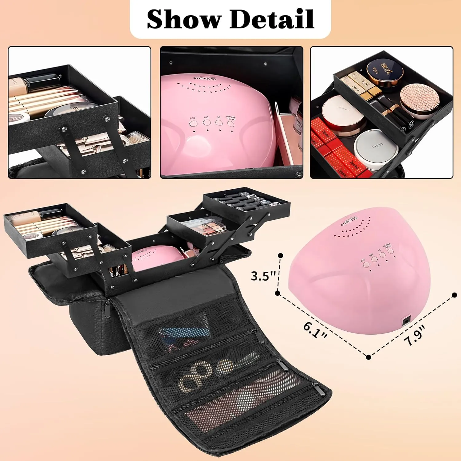 Makeup Travel Train Case, Black Makeup Carrying Organizer Bag, 4 Tier Professional Organizer Case with Straps Pockets for MakeUp Nail Tools