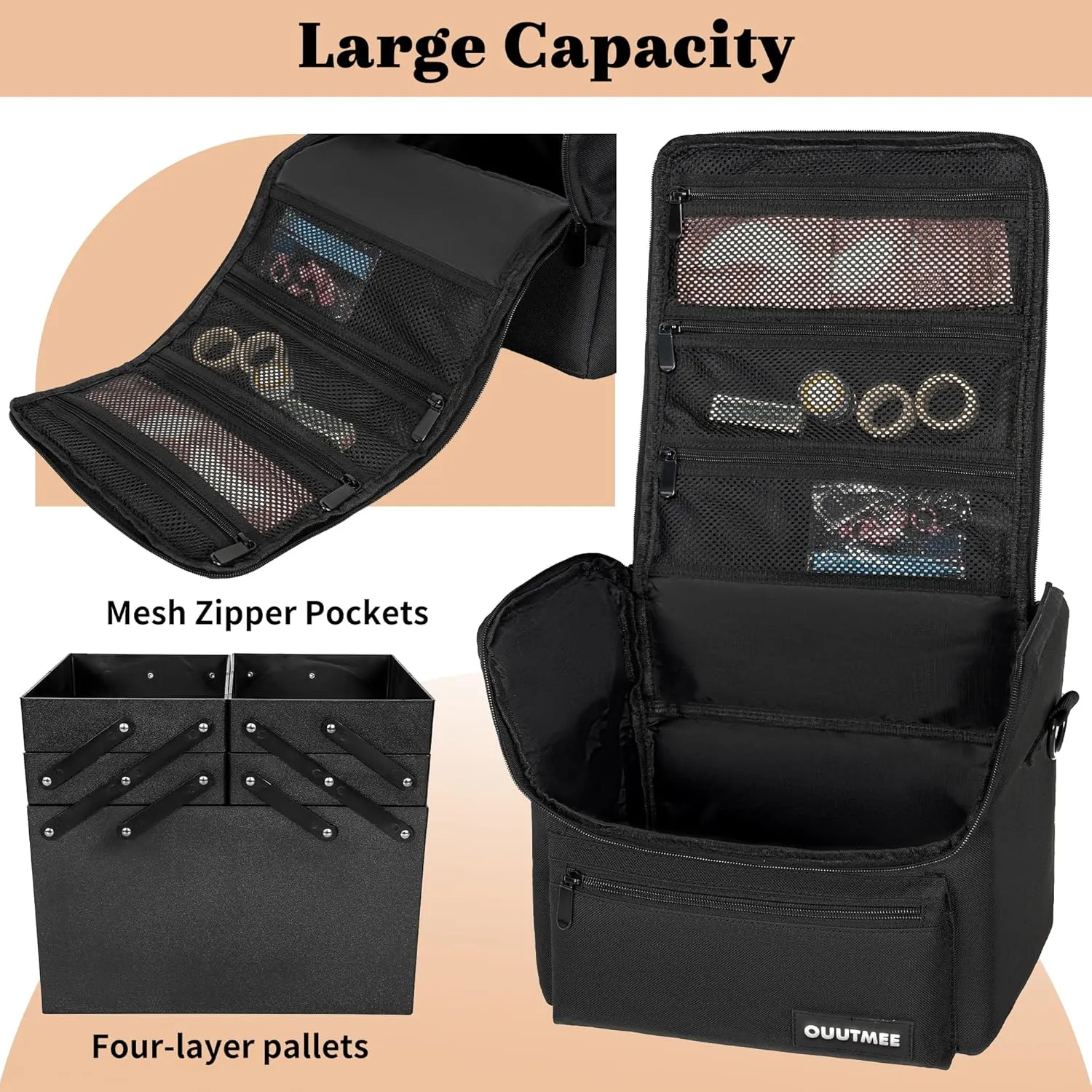 Makeup Travel Train Case, Black Makeup Carrying Organizer Bag, 4 Tier Professional Organizer Case with Straps Pockets for MakeUp Nail Tools