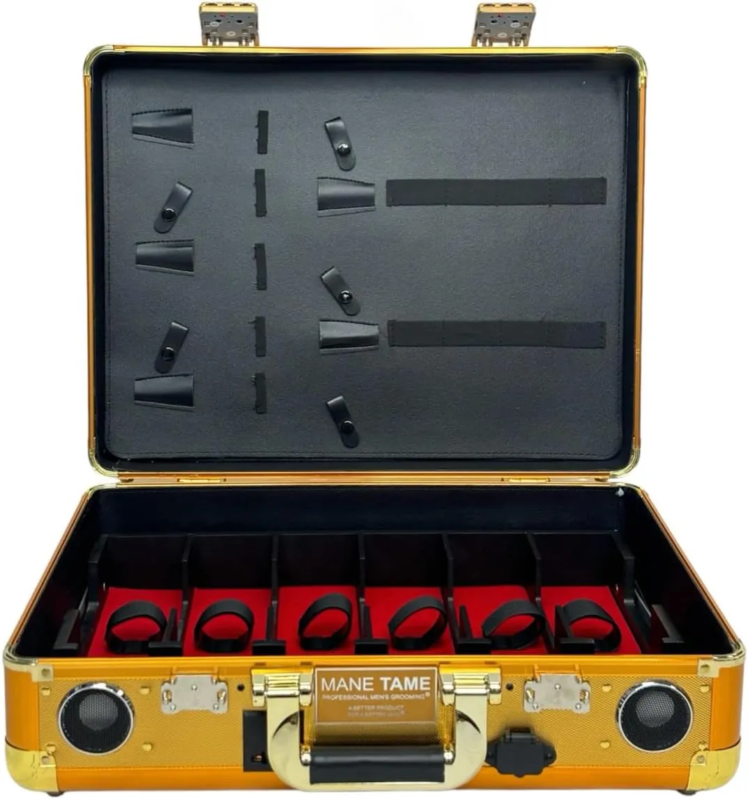 MANE TAME Barber Case – Executive Mobile Barber Station- Gold - Includes Speakers and Combination Locks