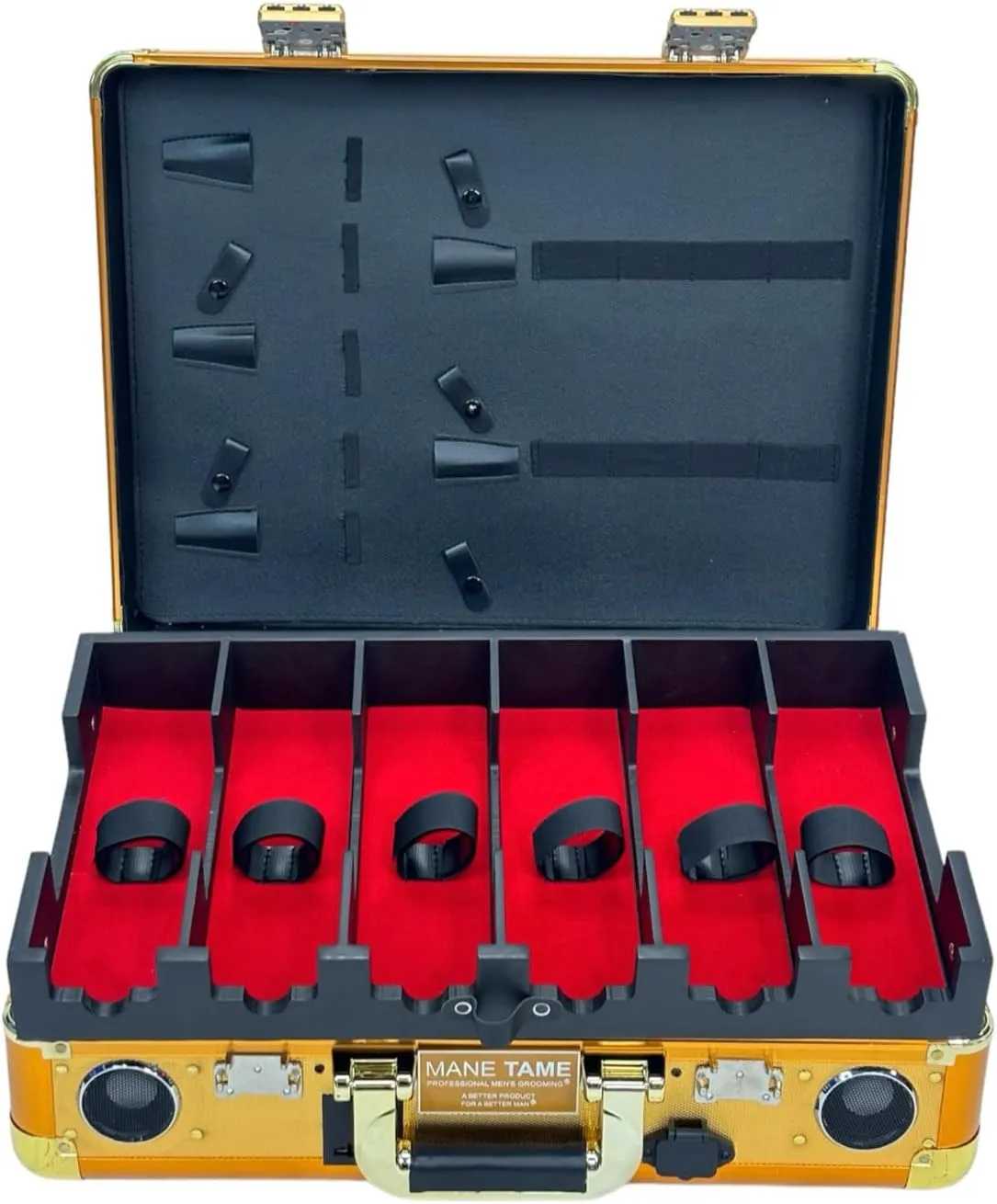 MANE TAME Barber Case – Executive Mobile Barber Station- Gold - Includes Speakers and Combination Locks