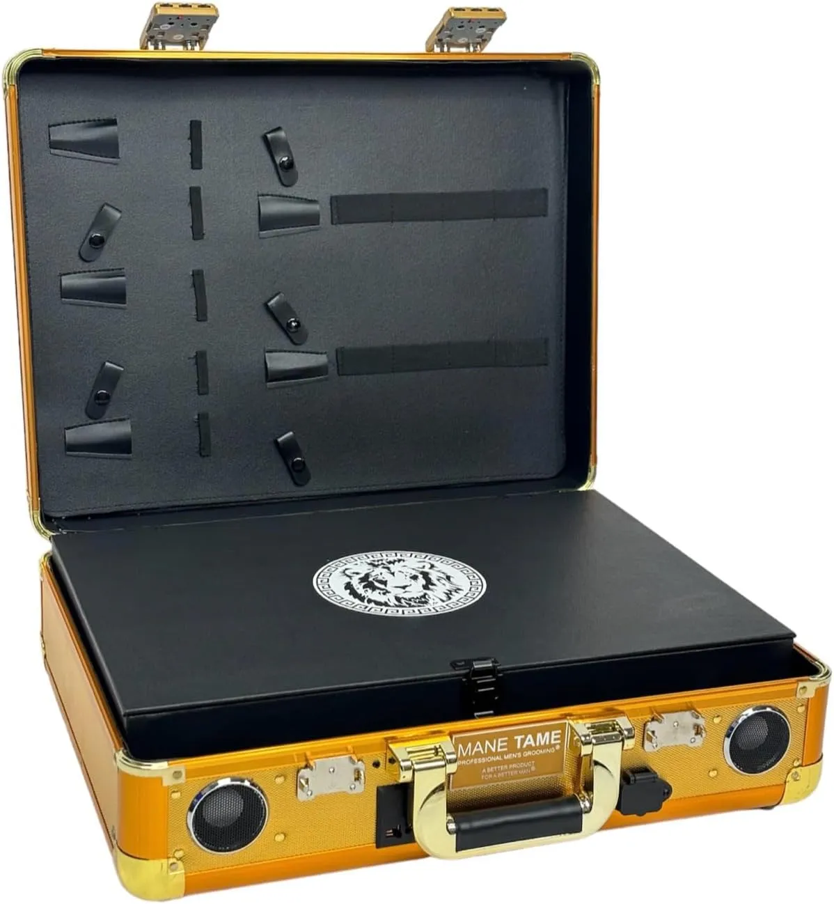 MANE TAME Barber Case – Executive Mobile Barber Station- Gold - Includes Speakers and Combination Locks