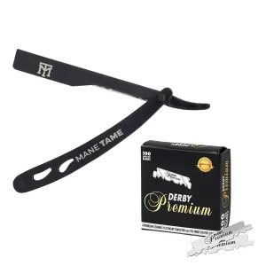 Mane Tame Professional Men's Grooming Straight Edge Professional Barber’s Razor & 100 Darby Premium Blades – Black