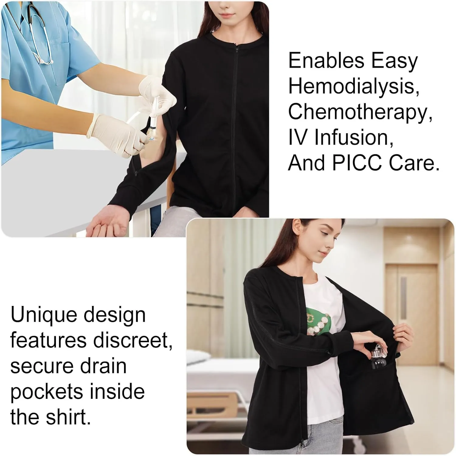 Mastectomy Shirts with Drain Pockets & Dialysis Sweatshirts with Arm Zipper for Women, Comfort and Easy Port Access