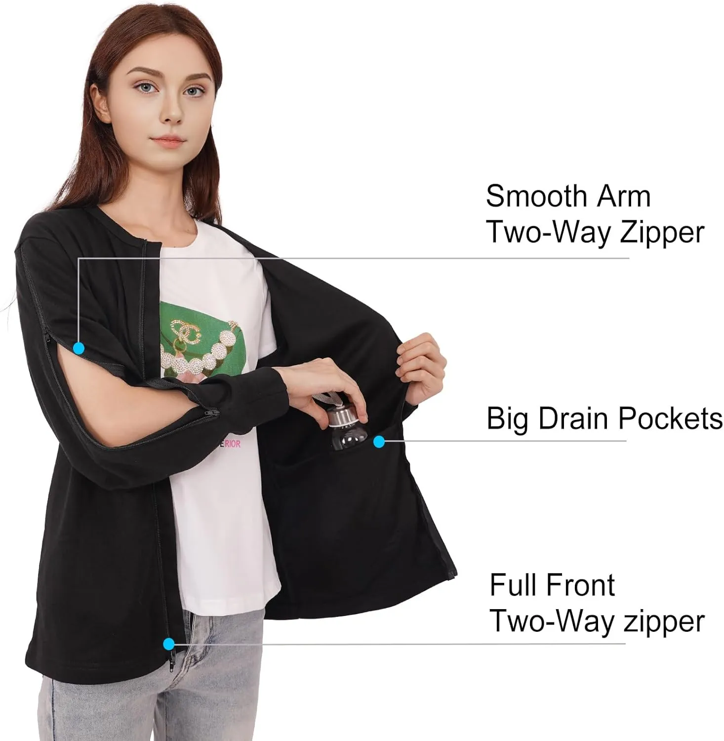 Mastectomy Shirts with Drain Pockets & Dialysis Sweatshirts with Arm Zipper for Women, Comfort and Easy Port Access