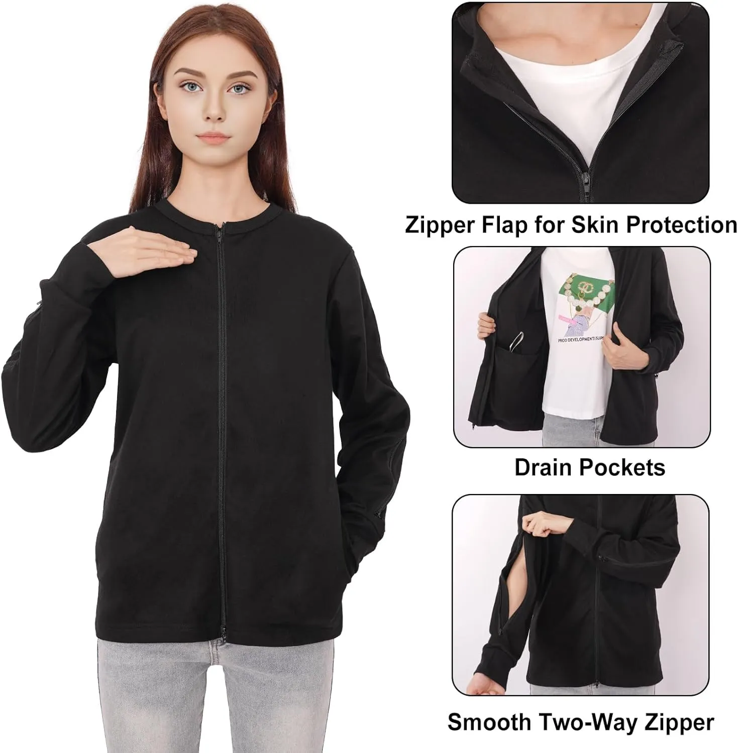 Mastectomy Shirts with Drain Pockets & Dialysis Sweatshirts with Arm Zipper for Women, Comfort and Easy Port Access