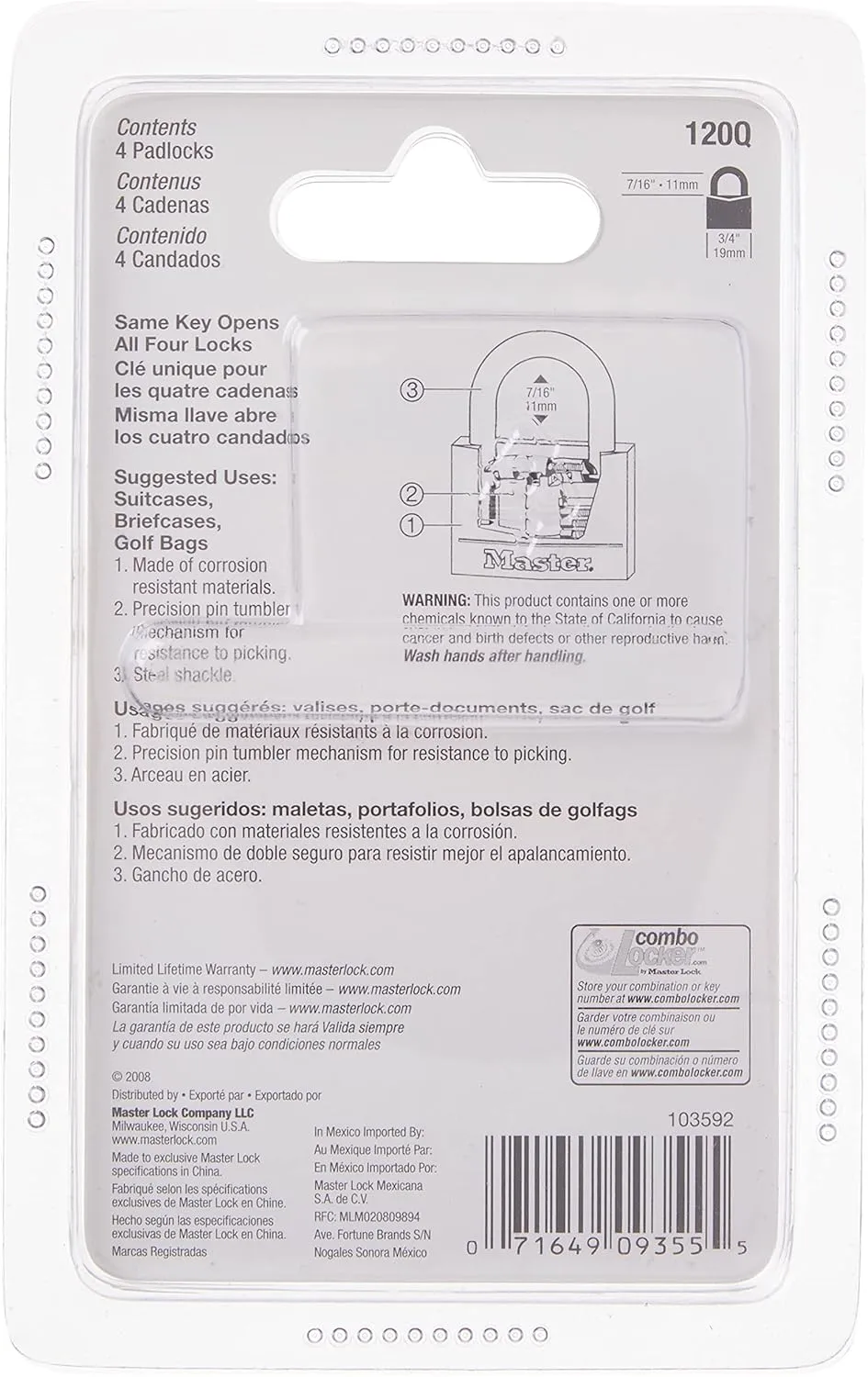 Master Lock Padlock, Solid Brass Lock, 3/4 in. Wide, 120Q (Pack of 4-Keyed Alike)