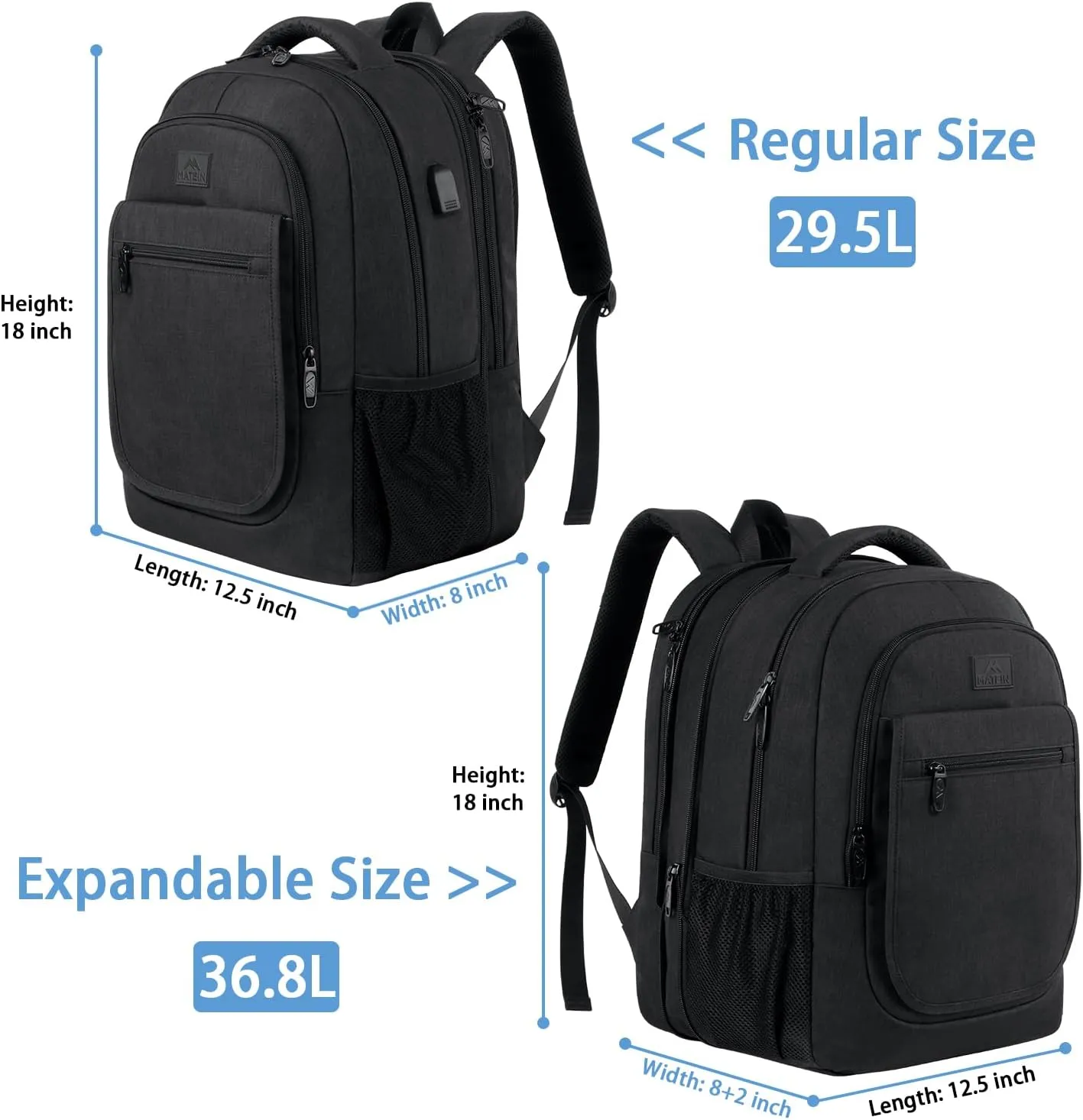 MATEIN Travel Backpack for Men, Expandable Laptop Backpack with USB Charging Port,Anti Theft Business Computer Bag Water Resistant College School Bookbag Gifts for Men Women Fit 15.6 Inch Laptop,Black