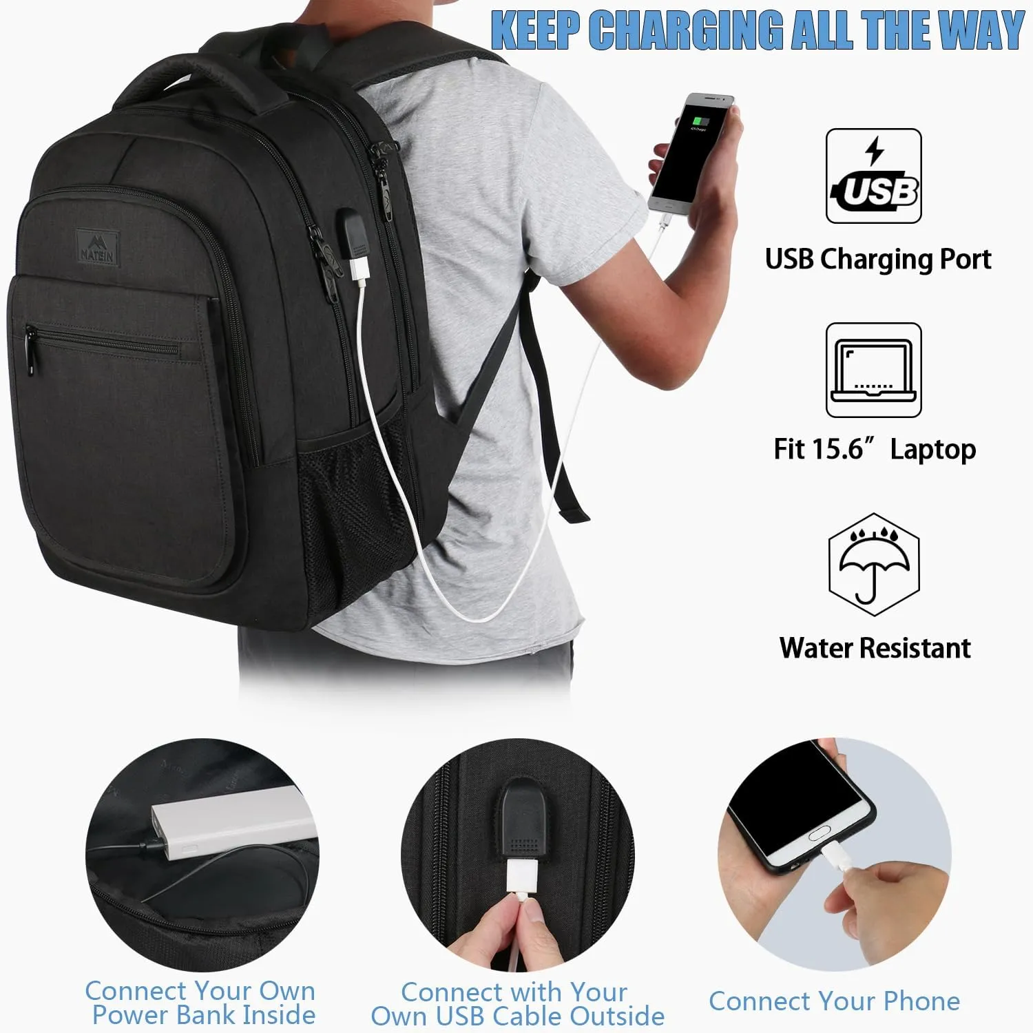 MATEIN Travel Backpack for Men, Expandable Laptop Backpack with USB Charging Port,Anti Theft Business Computer Bag Water Resistant College School Bookbag Gifts for Men Women Fit 15.6 Inch Laptop,Black