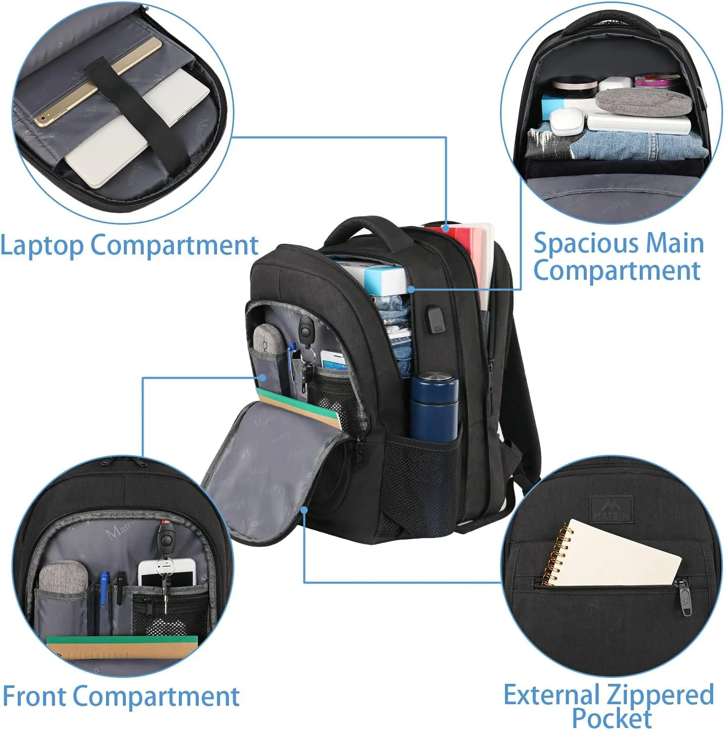 MATEIN Travel Backpack for Men, Expandable Laptop Backpack with USB Charging Port,Anti Theft Business Computer Bag Water Resistant College School Bookbag Gifts for Men Women Fit 15.6 Inch Laptop,Black