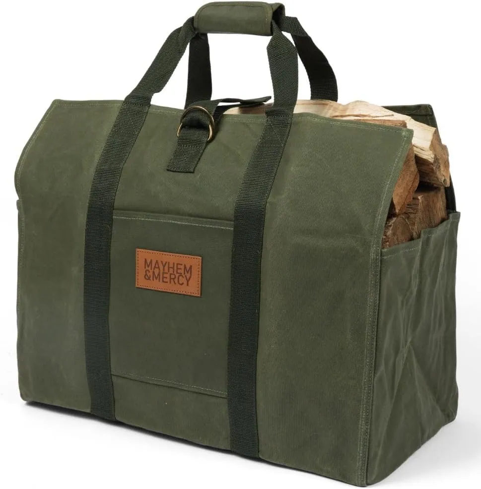 MAYHEM & MERCY Extra Large Waxed Canvas Firewood Carrier Tote – Heavy Duty Log Bag with Handles & Pocket – Self-Standing Wood Holder for Fireplace, Camping, and Outdoor Use – Hunter Green