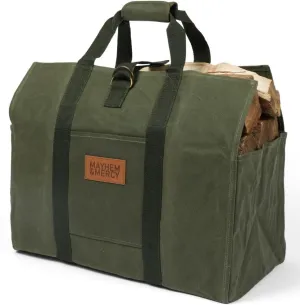 MAYHEM & MERCY Extra Large Waxed Canvas Firewood Carrier Tote – Heavy Duty Log Bag with Handles & Pocket – Self-Standing Wood Holder for Fireplace, Camping, and Outdoor Use – Hunter Green