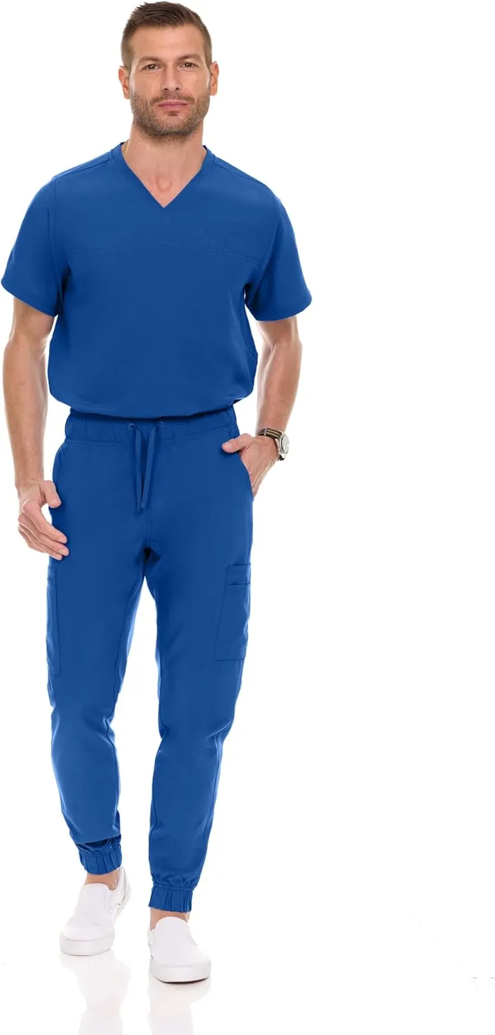 Medichic Men's Workwear Stretch V-Neck Scrub Joggers Set with Seven-Pocket Pants, Available in 6  Colors
