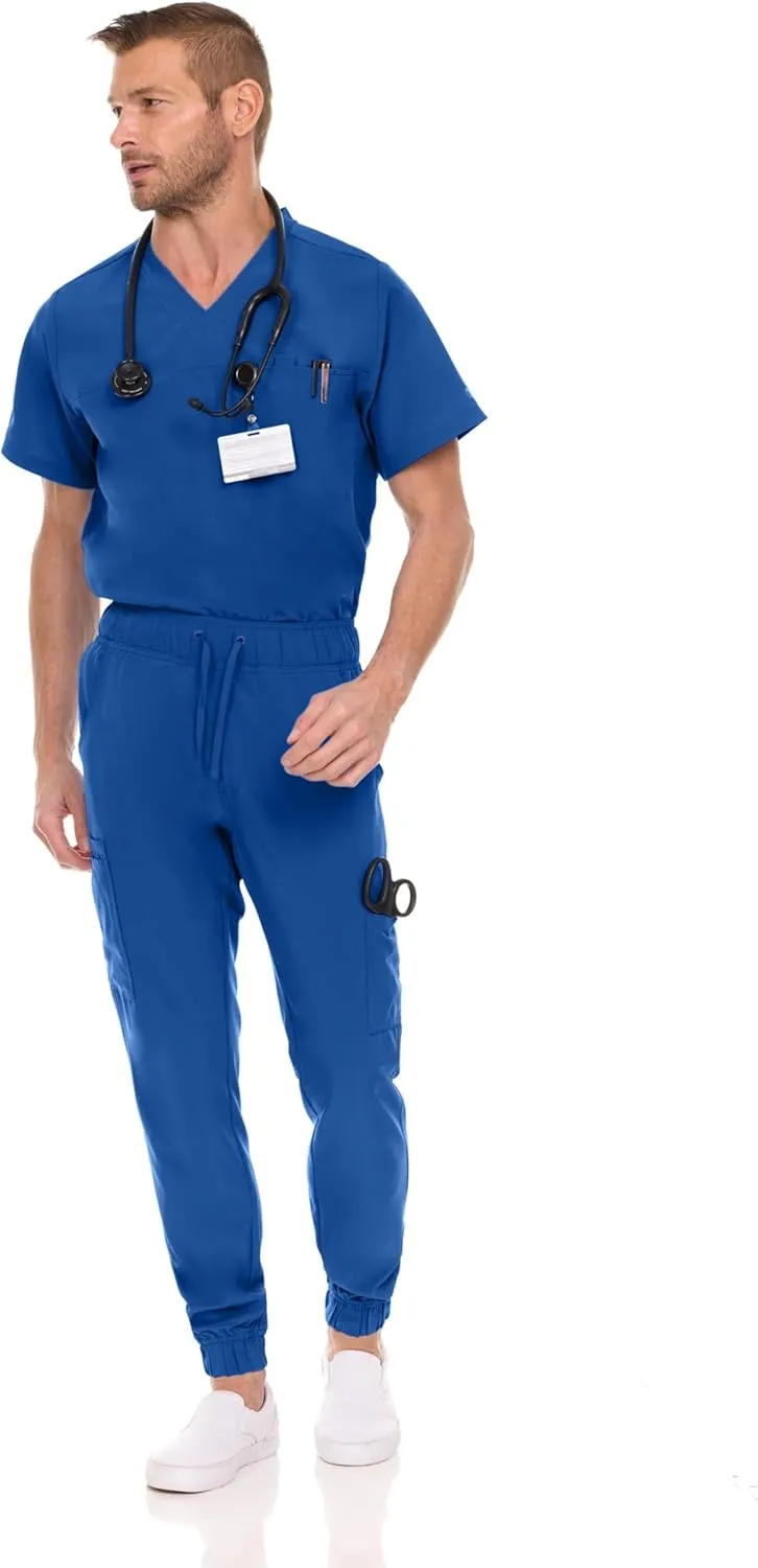 Medichic Men's Workwear Stretch V-Neck Scrub Joggers Set with Seven-Pocket Pants, Available in 6  Colors