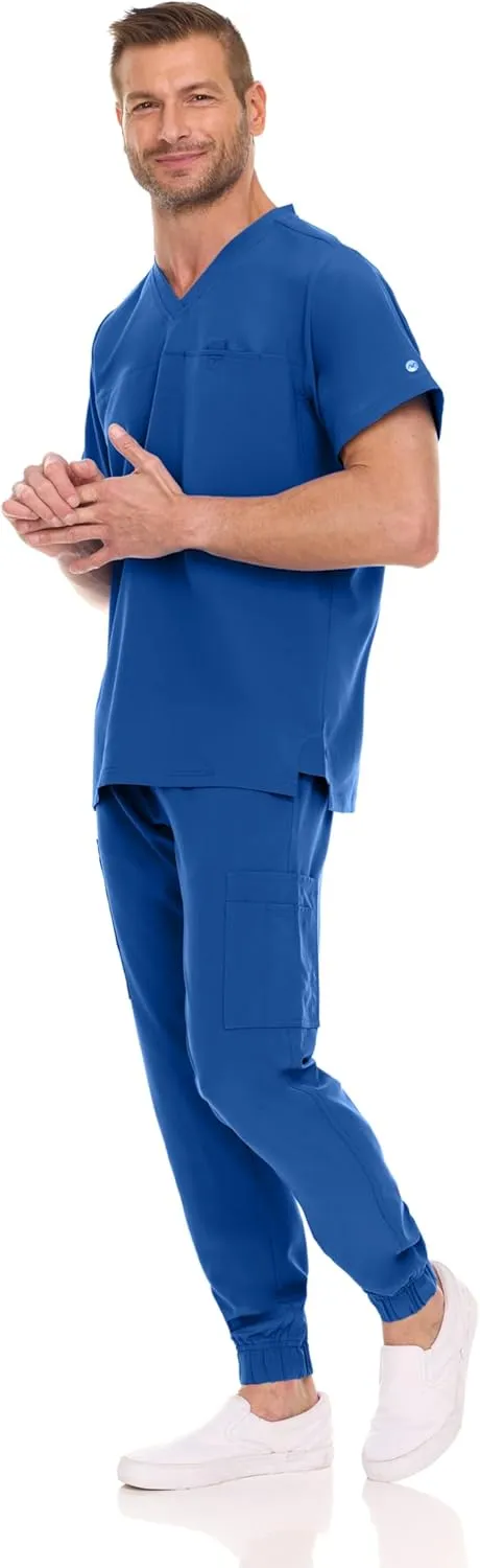 Medichic Men's Workwear Stretch V-Neck Scrub Joggers Set with Seven-Pocket Pants, Available in 6  Colors