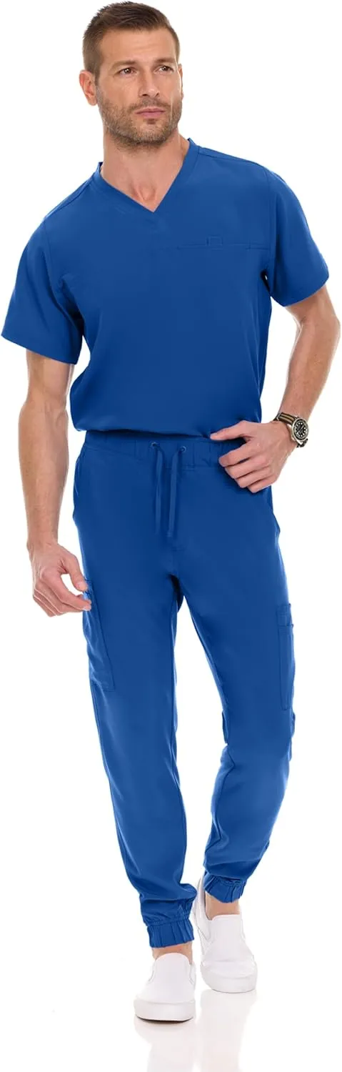 Medichic Men's Workwear Stretch V-Neck Scrub Joggers Set with Seven-Pocket Pants, Available in 6  Colors