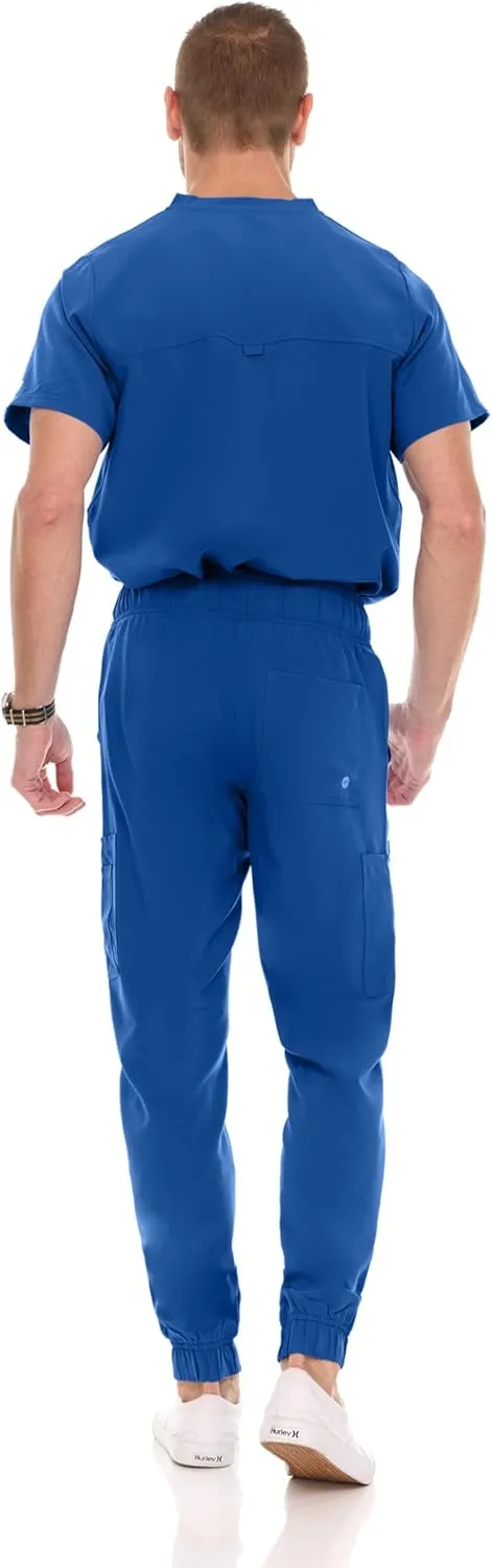 Medichic Men's Workwear Stretch V-Neck Scrub Joggers Set with Seven-Pocket Pants, Available in 6  Colors