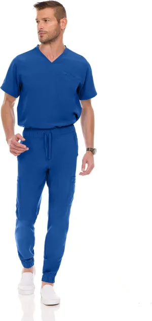 Medichic Men's Workwear Stretch V-Neck Scrub Joggers Set with Seven-Pocket Pants, Available in 6  Colors