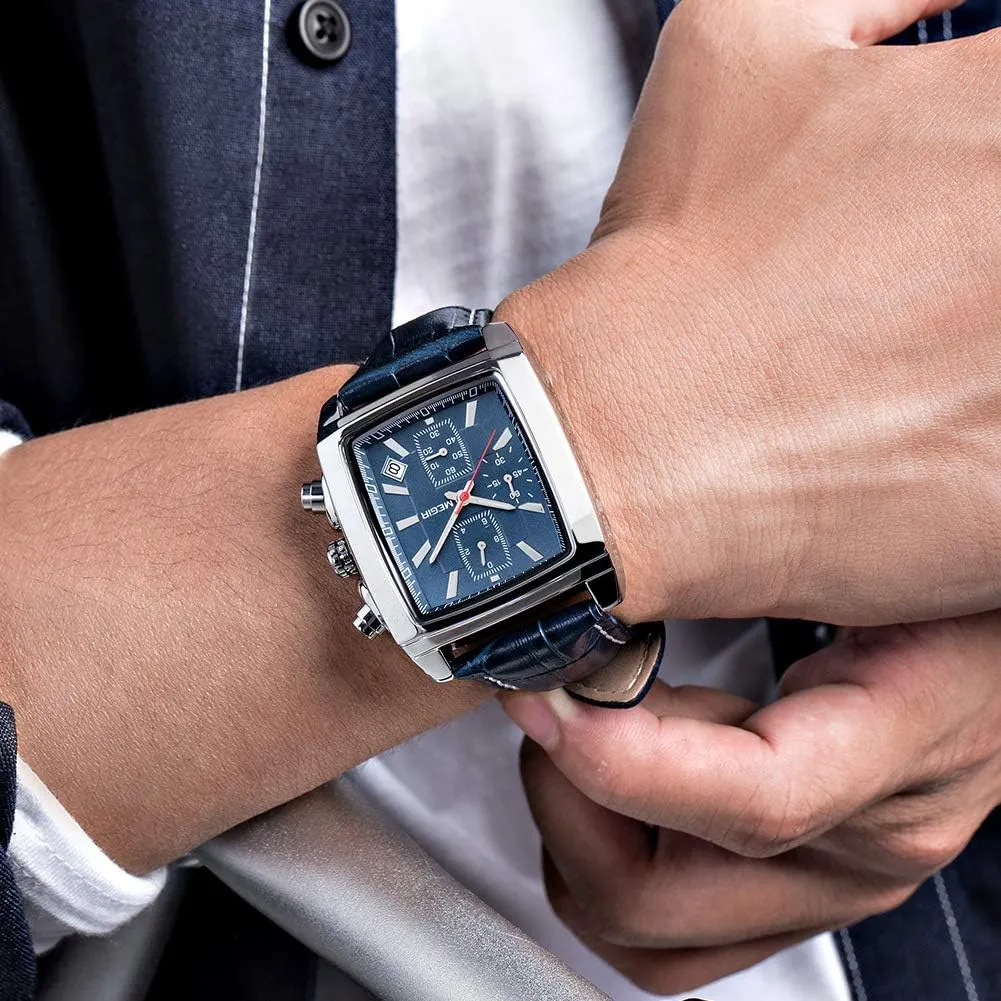 MEGIR Men's Business Analog Chronograph Luminous Rectangle Quartz Watch with Stylish Leather Strap for Sport & Work
