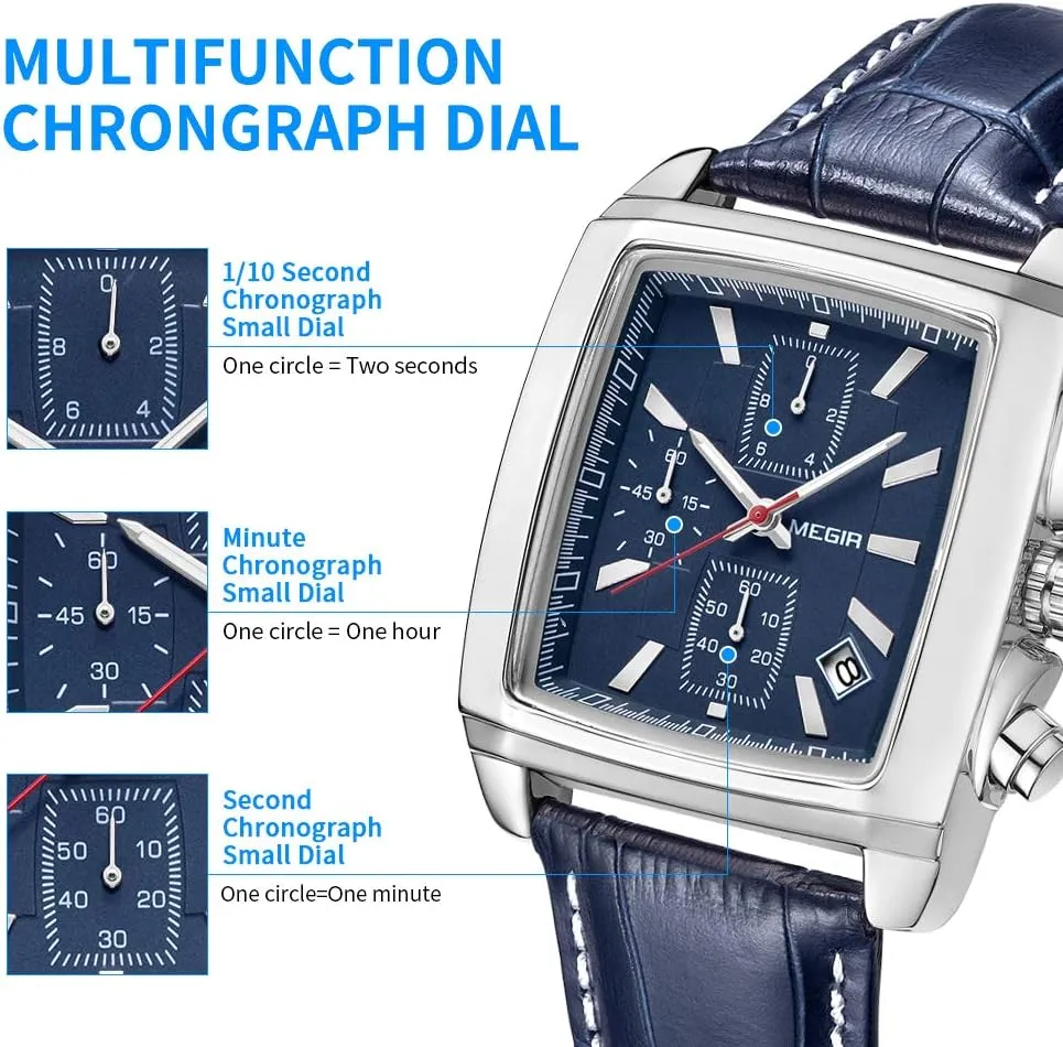 MEGIR Men's Business Analog Chronograph Luminous Rectangle Quartz Watch with Stylish Leather Strap for Sport & Work