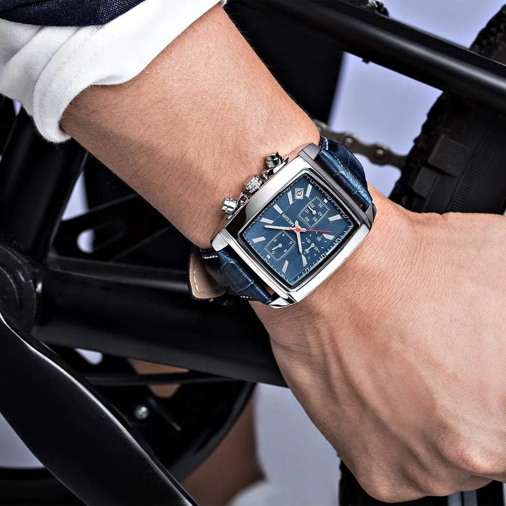 MEGIR Men's Business Analog Chronograph Luminous Rectangle Quartz Watch with Stylish Leather Strap for Sport & Work