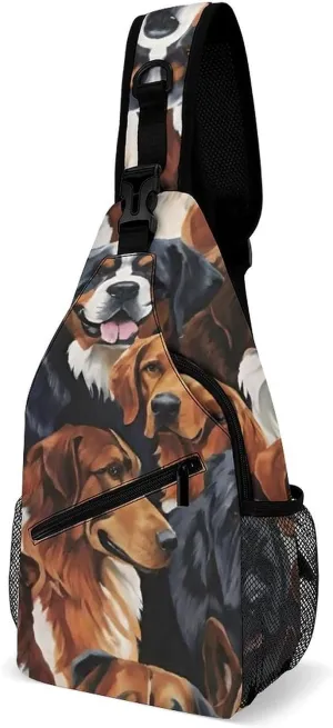 Men & Women Sling Backpack Satchel Bookbags Travel Rucksack Daypack - Multipurpose Anti-Theft Tool Backpack, Crossbody Chest Rucksack, Husky Shepherd Dog Golden Hair Dog Puppy Art