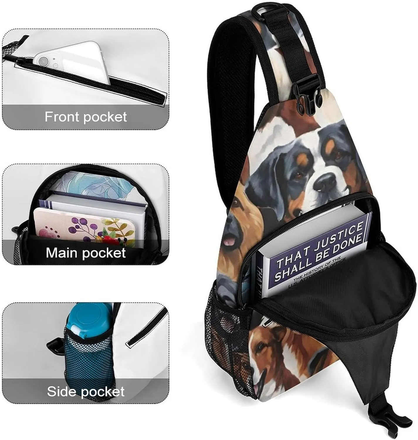 Men & Women Sling Backpack Satchel Bookbags Travel Rucksack Daypack - Multipurpose Anti-Theft Tool Backpack, Crossbody Chest Rucksack, Husky Shepherd Dog Golden Hair Dog Puppy Art