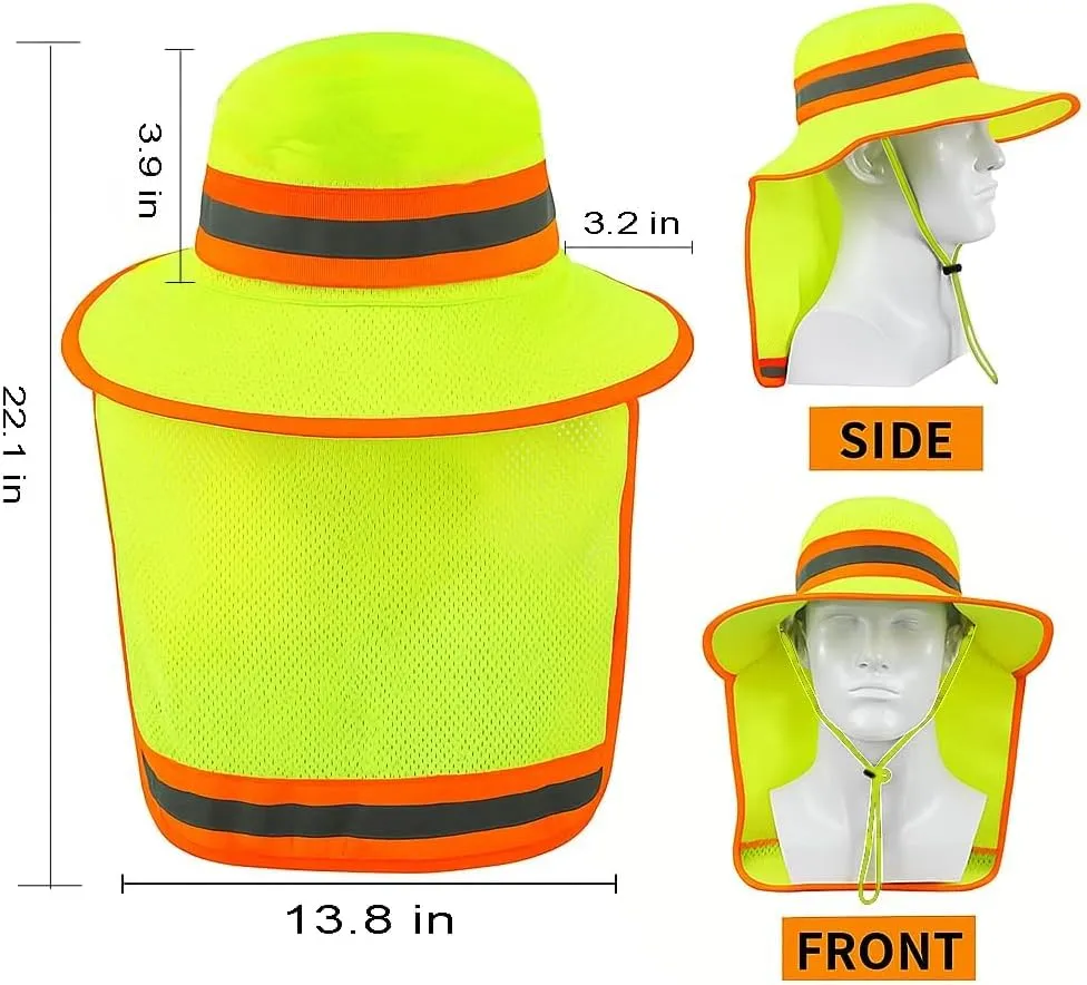 Men High Visibility Reflective Work Safety Sun Hat with Neck Flap Wide Brim Boonie UV Protection