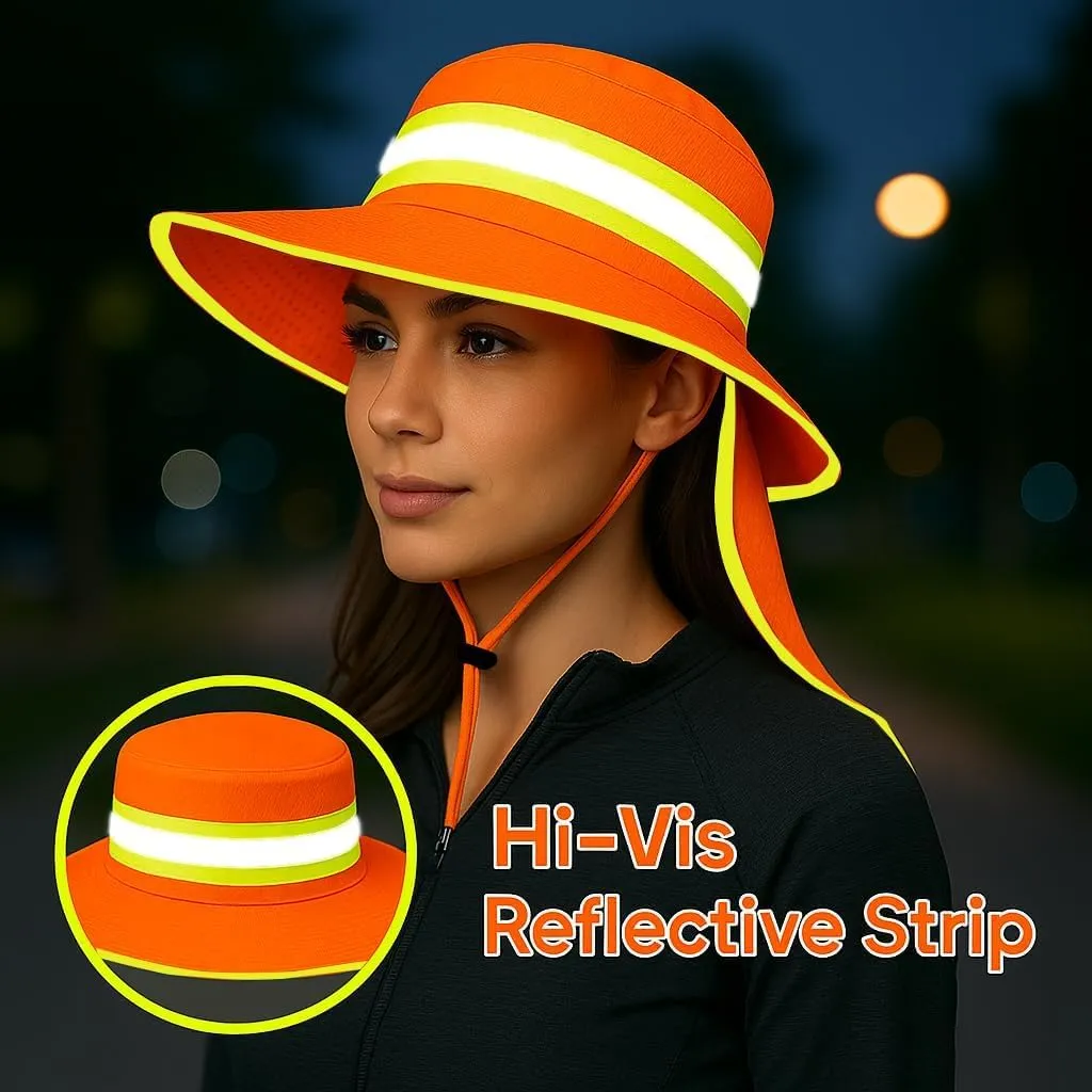 Men High Visibility Reflective Work Safety Sun Hat with Neck Flap Wide Brim Boonie UV Protection