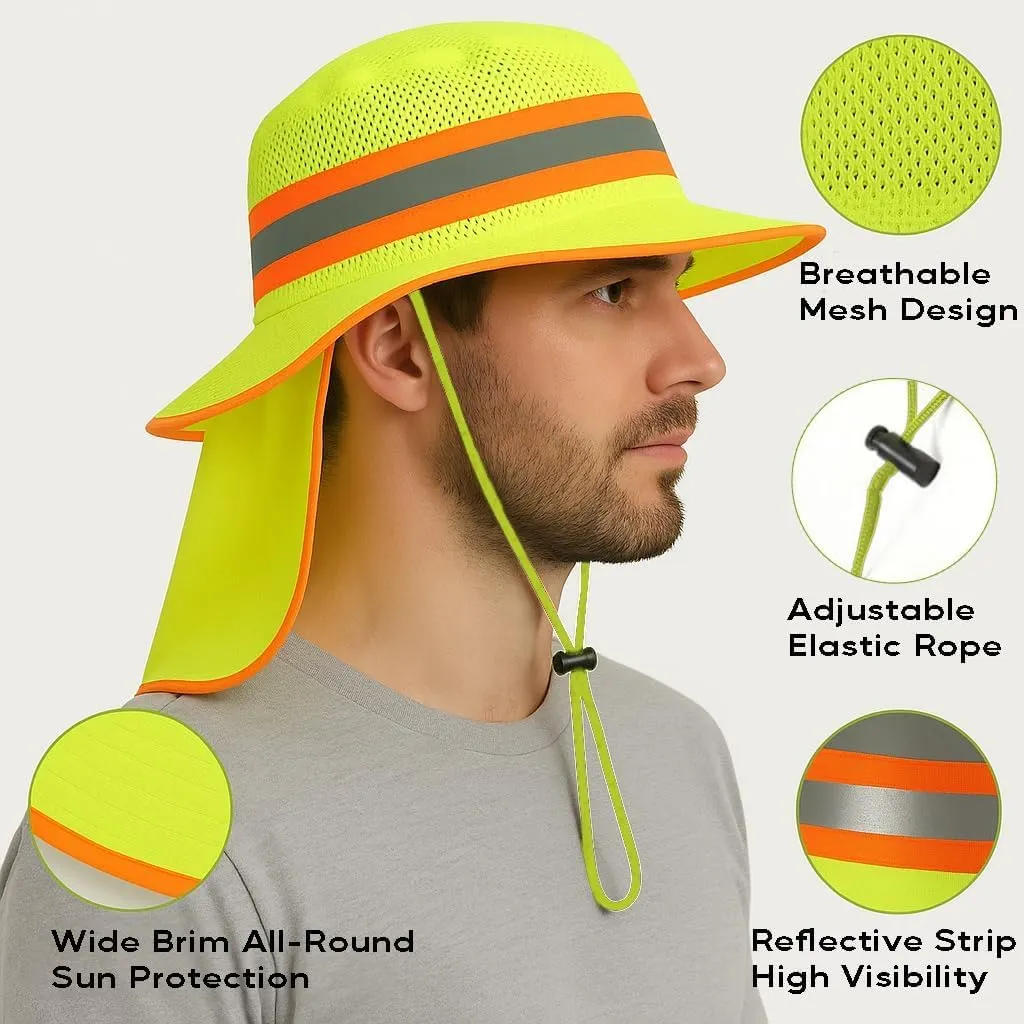 Men High Visibility Reflective Work Safety Sun Hat with Neck Flap Wide Brim Boonie UV Protection