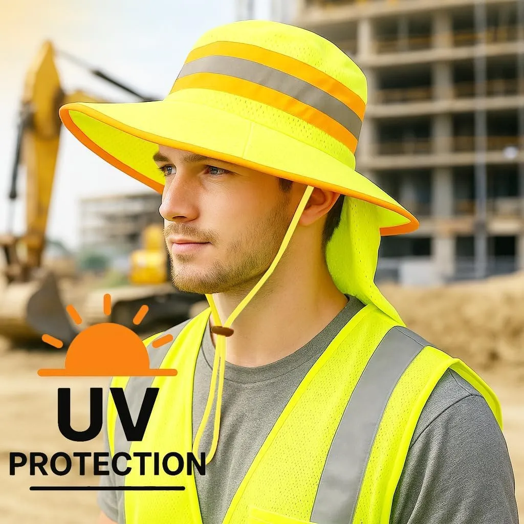 Men High Visibility Reflective Work Safety Sun Hat with Neck Flap Wide Brim Boonie UV Protection