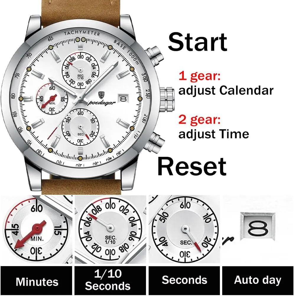 Men Quartz Watch Luxury Business Waterproof Chronograph Luminous Date Man Wristwatch Leather