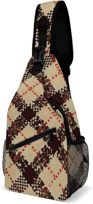Men Sling Backpack Collapsible Durable Shoulder Crossbody Bag Chest Pack - Beige Tartan Pattern Anti-Theft Multipurpose Daypack Bag With Adjustable Shoulder Strap