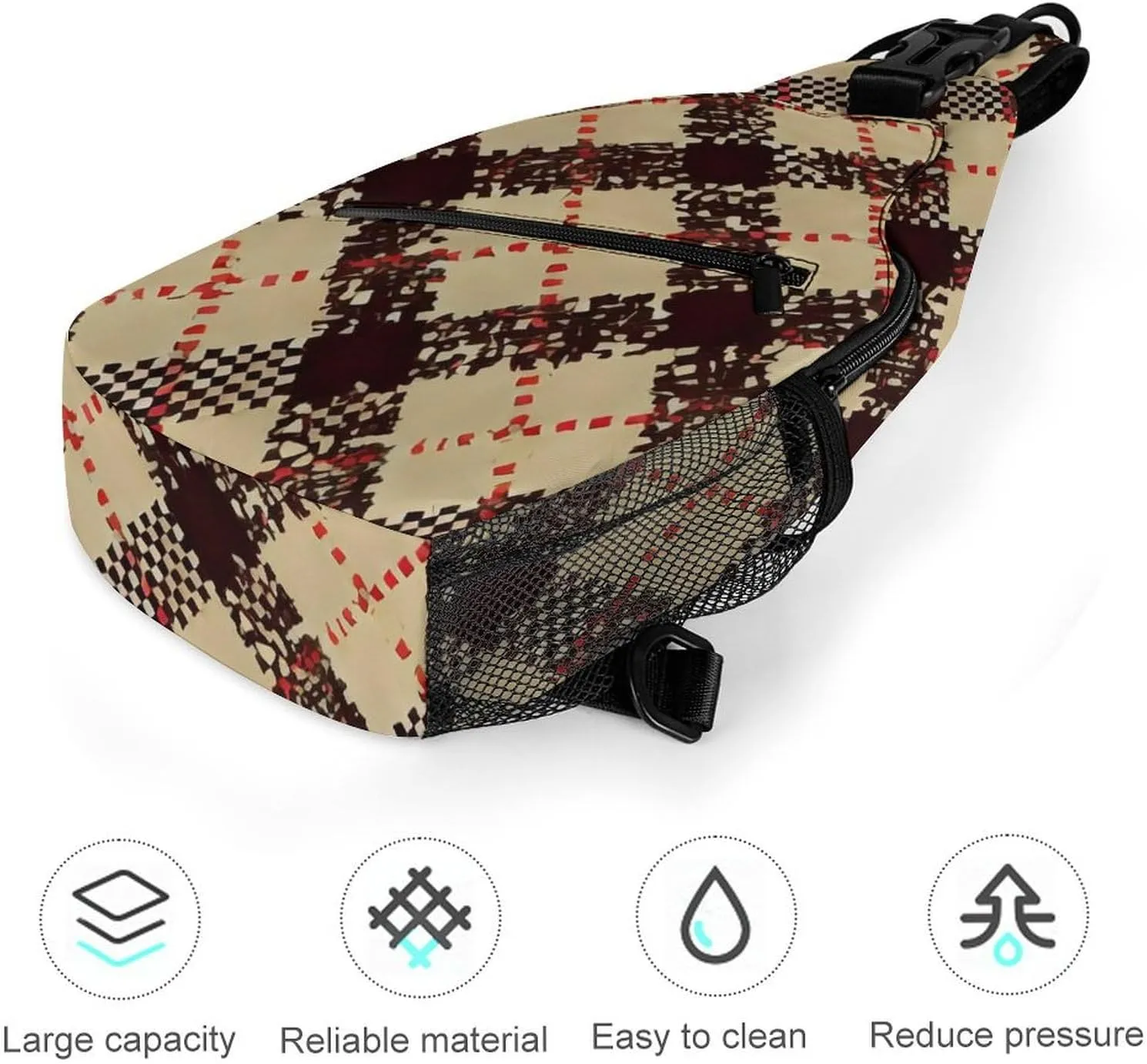Men Sling Backpack Collapsible Durable Shoulder Crossbody Bag Chest Pack - Beige Tartan Pattern Anti-Theft Multipurpose Daypack Bag With Adjustable Shoulder Strap