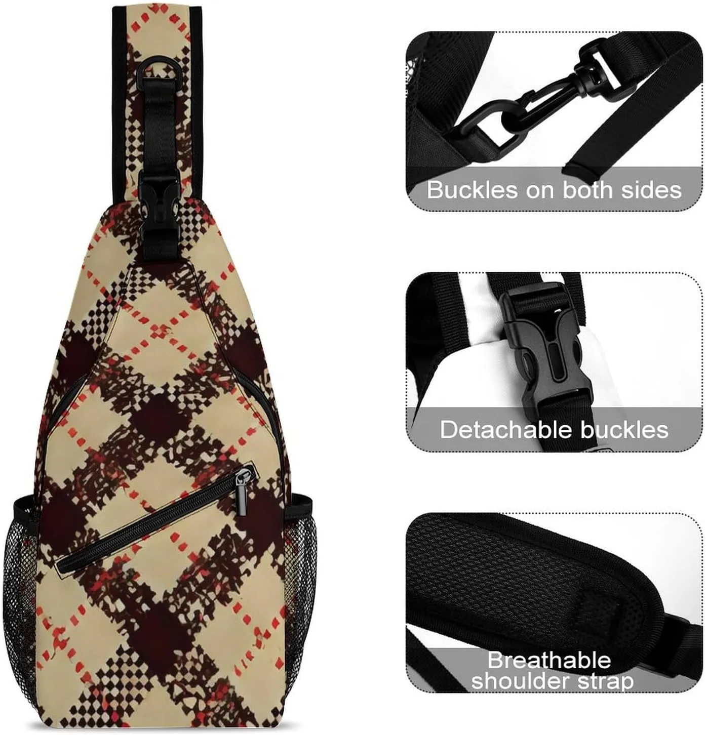Men Sling Backpack Collapsible Durable Shoulder Crossbody Bag Chest Pack - Beige Tartan Pattern Anti-Theft Multipurpose Daypack Bag With Adjustable Shoulder Strap