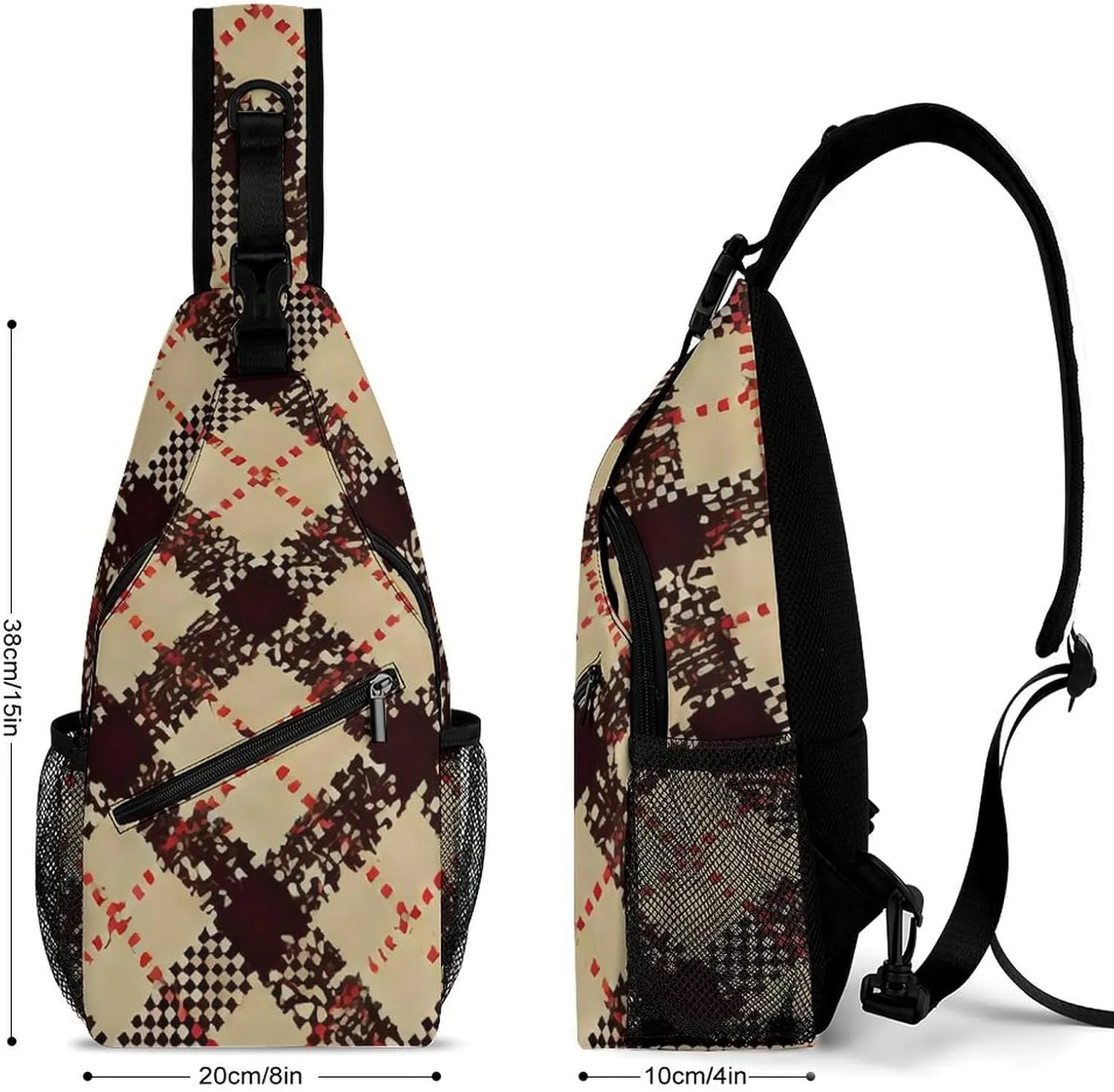 Men Sling Backpack Collapsible Durable Shoulder Crossbody Bag Chest Pack - Beige Tartan Pattern Anti-Theft Multipurpose Daypack Bag With Adjustable Shoulder Strap