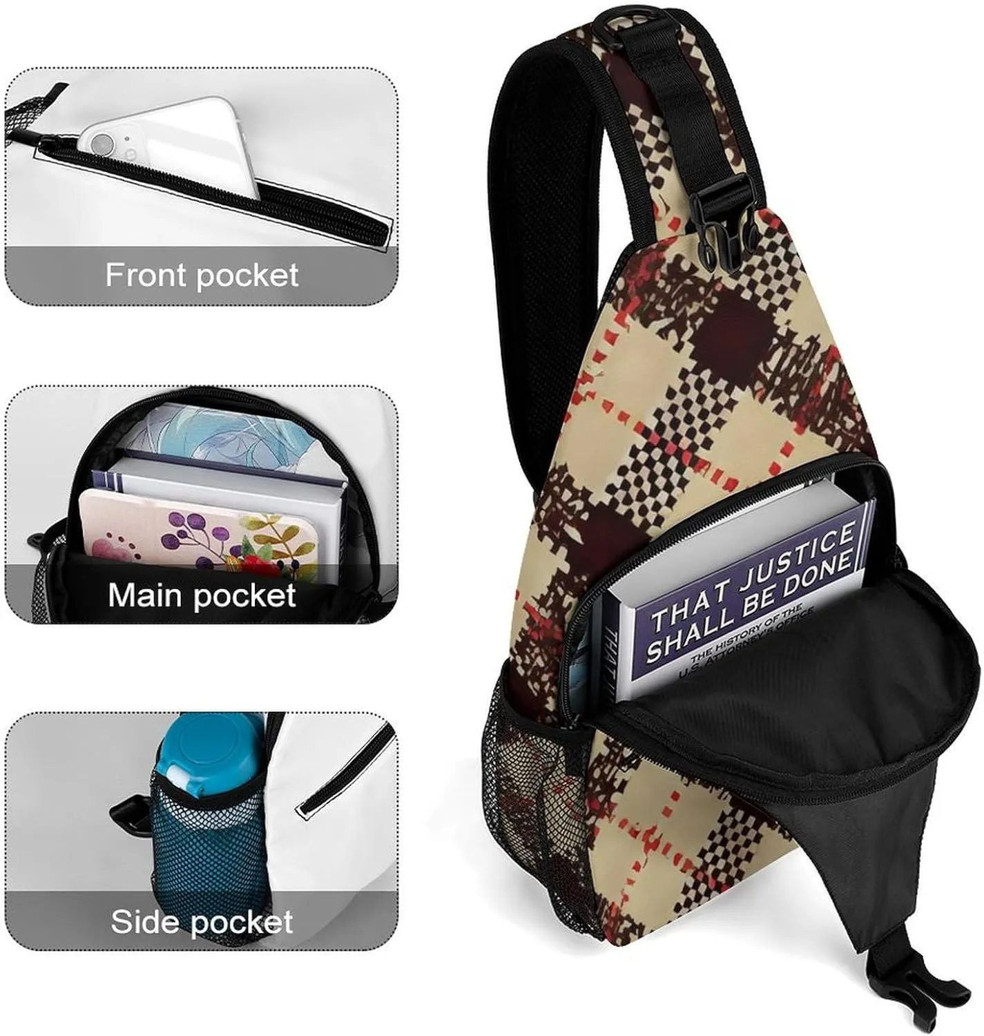 Men Sling Backpack Collapsible Durable Shoulder Crossbody Bag Chest Pack - Beige Tartan Pattern Anti-Theft Multipurpose Daypack Bag With Adjustable Shoulder Strap